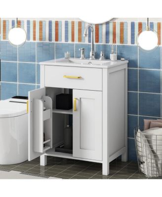 24" Solid Wood MDF Vanity Combo With Ceramic Sink, 2 Soft-Close Doors Dual-Tier Shelves,Gold Handles