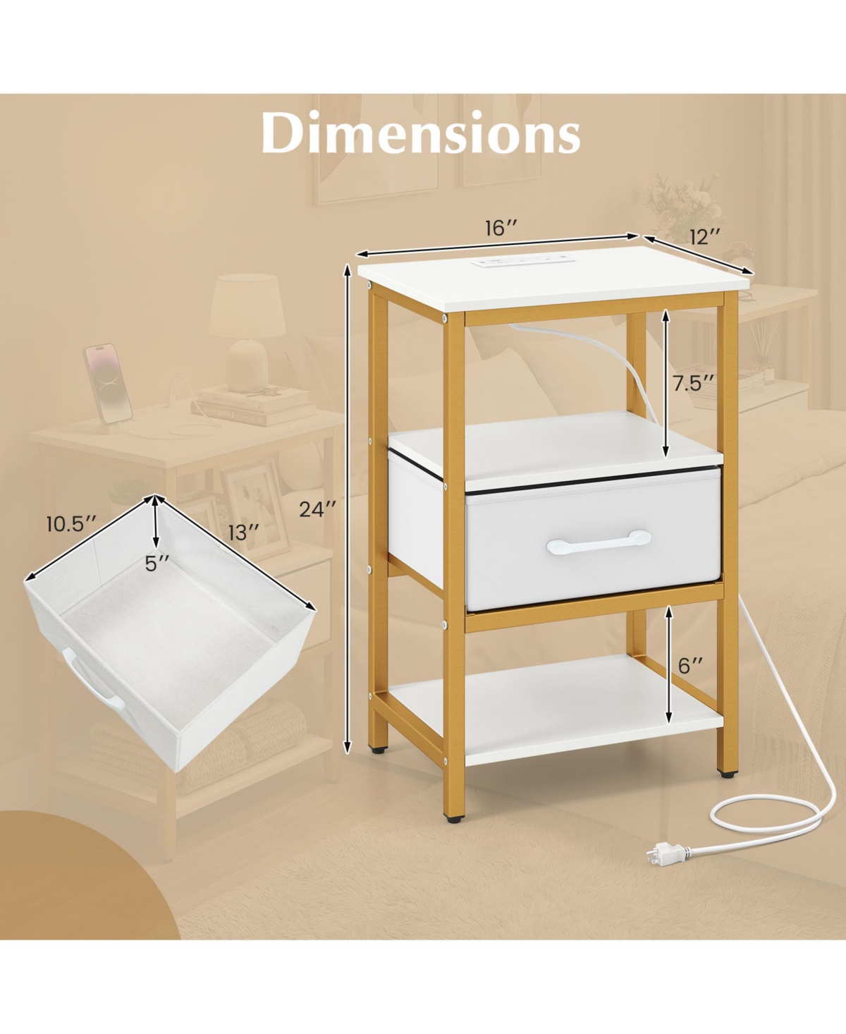 Slickblue Modern Nightstand with Adjustable Fabric Drawer and Charging Station