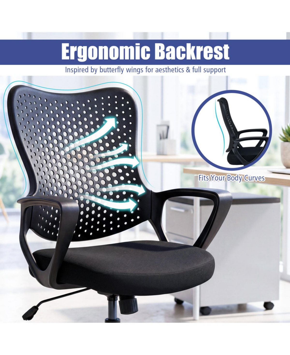 Slickblue Height Adjustable Computer Desk Chair with Ergonomic Support