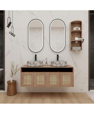 Wall Mounted Double Bathroom Vanity Set, Modern Plywood Cabinet, Dual Vessel Ceramic Sinks, Open Storage Rack
