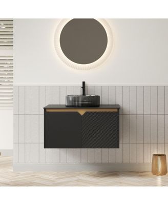 Wall Mounted Bathroom Vanity with Glass Basin, Sintered Stone Top, Soft Close Door, Modern Pre-Assembled Cabinet
