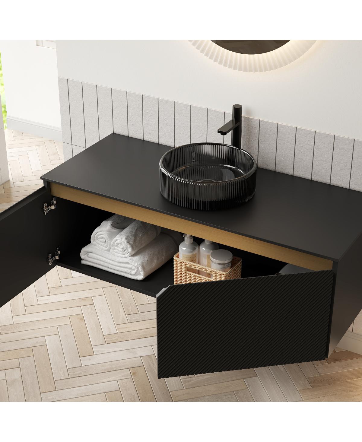 Sillysis Wall Mounted Bathroom Vanity with Glass Basin, Sintered Stone Top, Soft Close Door