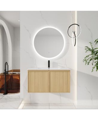 Modern Wall Mounted Bathroom Vanity with Ceramic Sink, Soft Close Doors, 24/30/36 Inch for Small Spaces