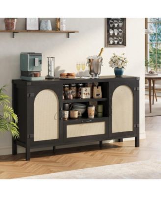 Boho Rattan Sideboard Cabinet with Storage Buffet Cabinet with Drawers, Farmhouse Coffee Bar for Living Room, Kitchen, Entryway