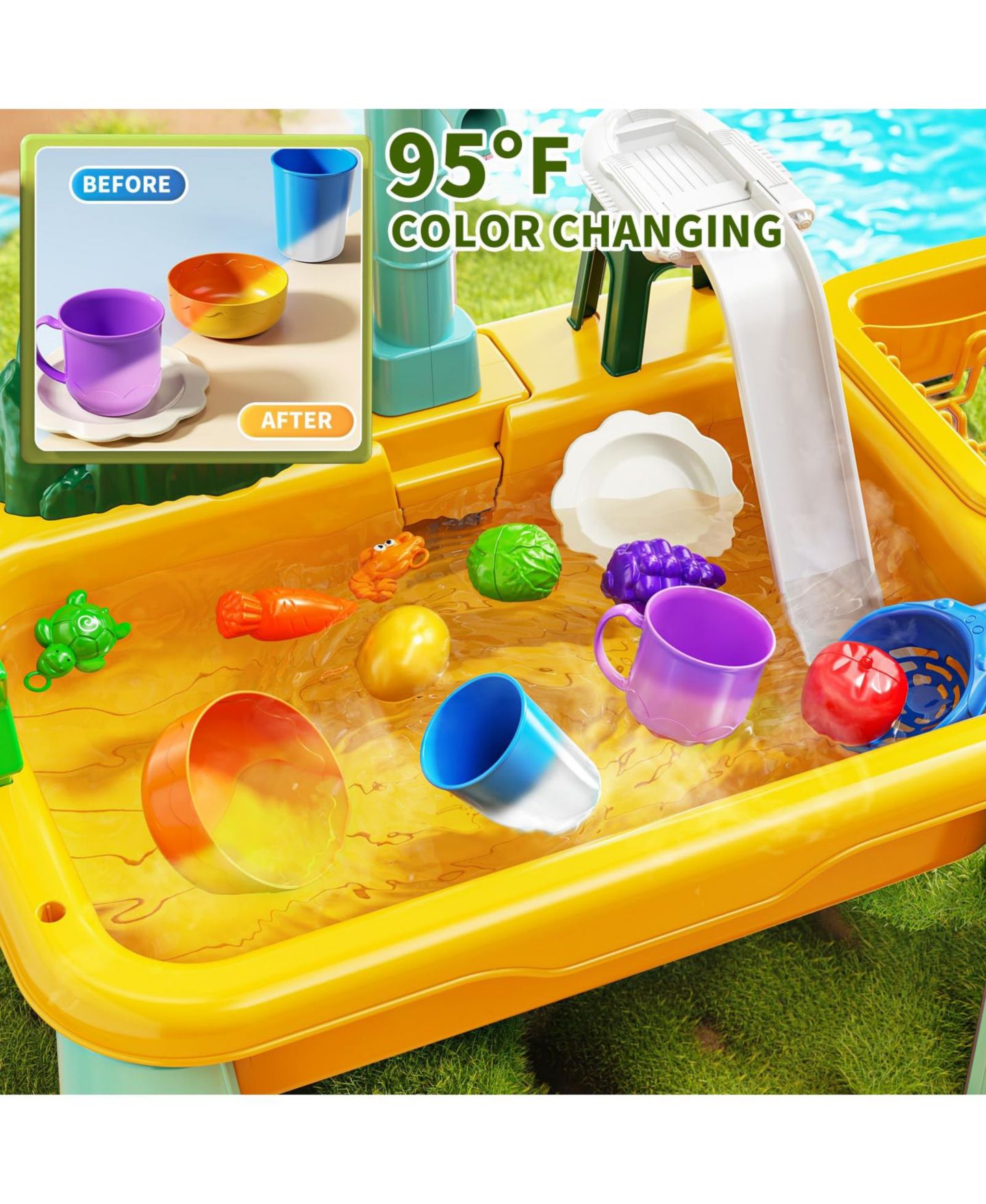Детская игрушка GNUADZ Water Table with Kitchen Sink, Rotating Faucet & Fishing Rod, Ages 1+, цвет: Жёлтый — фото 2