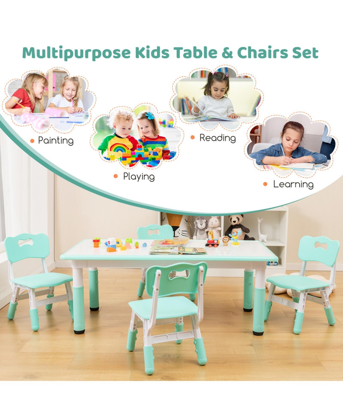Gouun Kids 4-Seat Table and Chairs Set with Adjustable Heights and Graffiti Top