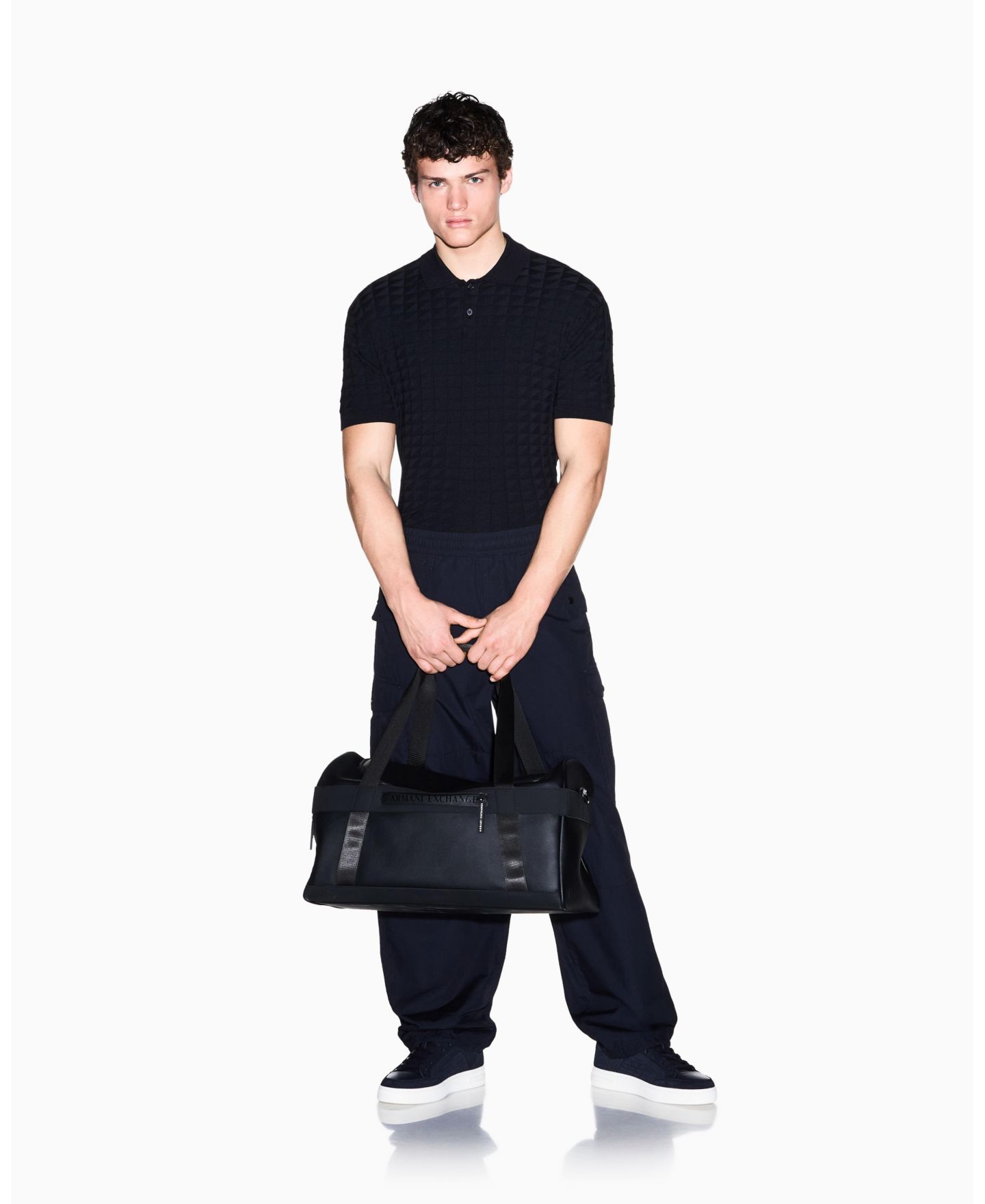Мужское поло A|X Armani Exchange Viscose Grid Polo Shirt, цвет: Глубокий тёмно-синий — фото 6