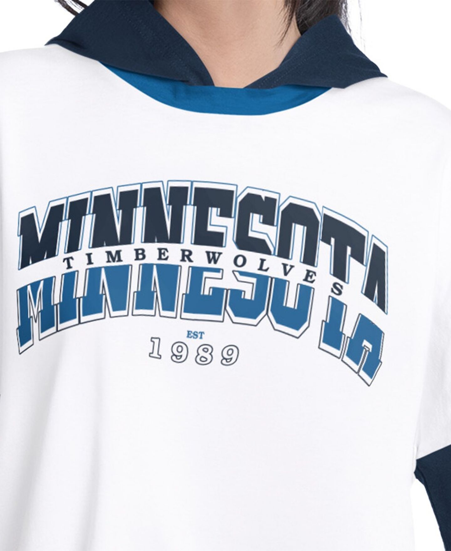 Женская футболка G-III 4Her by Carl Banks White/Navy Minnesota Timberwolves Key Player Oversized Hooded Long Sleeve — фото 2