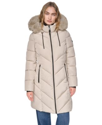 Women's Walker Length Puffer with Faux Fur Trimmed Hood Coat