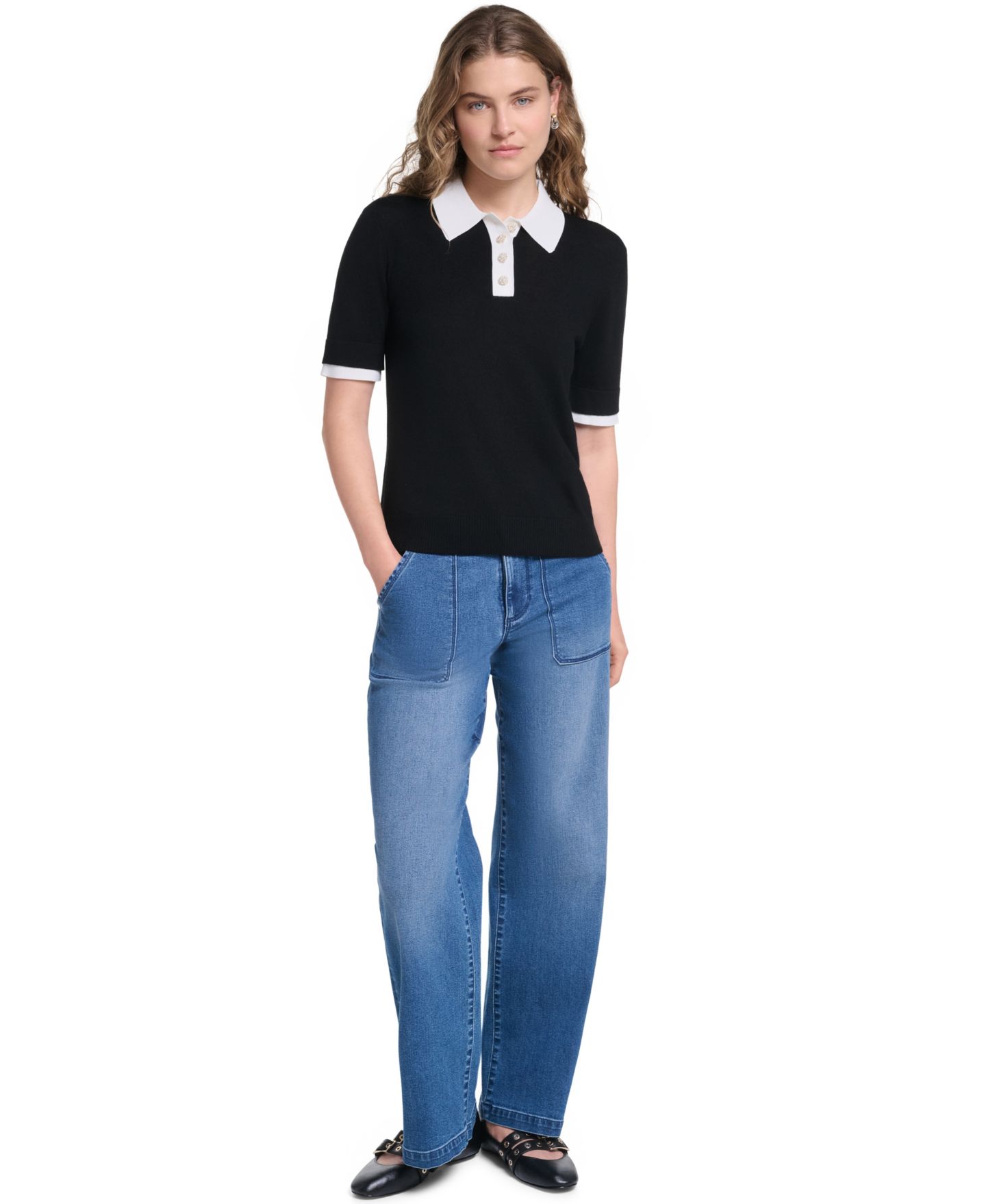 Женский свитер KARL LAGERFELD PARIS Petite Short-Sleeve Contrast Collar, цвет: Чёрный / Мягкий белый — фото 2