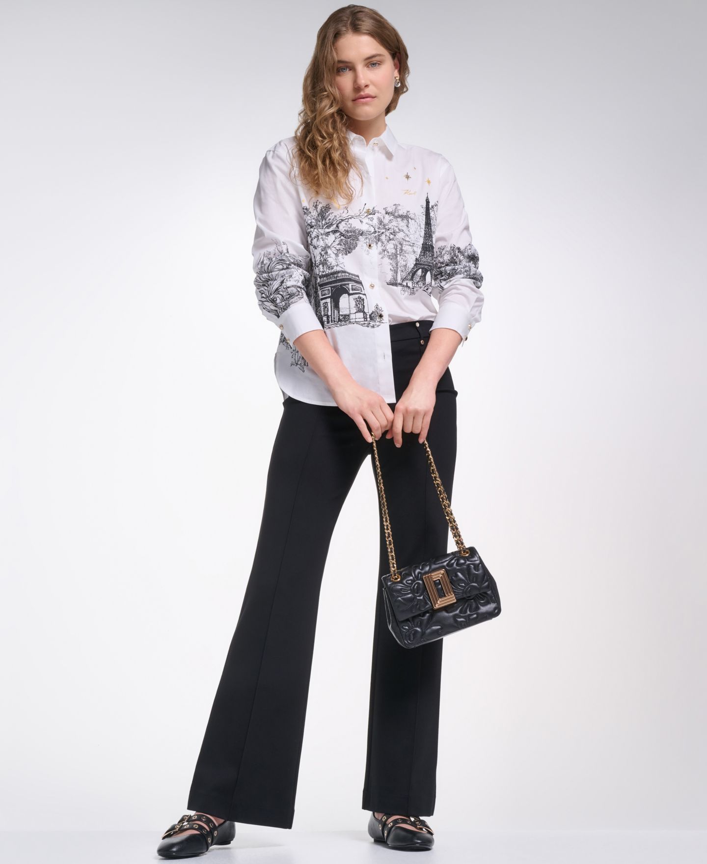 Женская рубашка KARL LAGERFELD PARIS Petite Parisian Graphics Long-Sleeve Shirt, цвет: Белый — фото 2