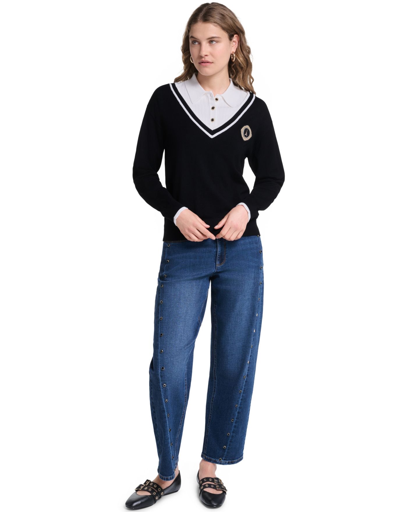 Женский свитер KARL LAGERFELD PARIS Petite Twofer Collared, цвет: Чёрный / Мягкий белый — фото 2