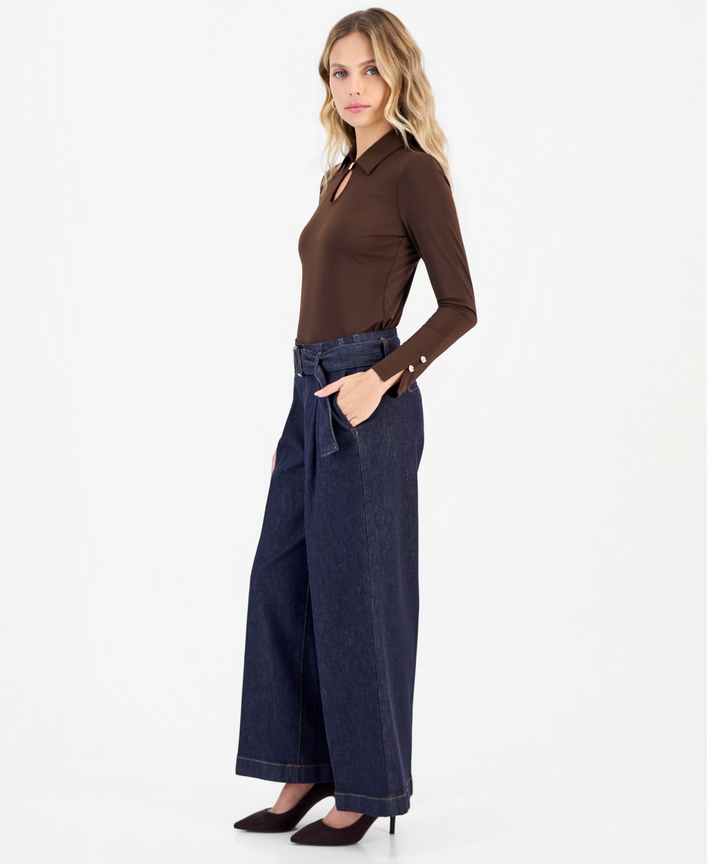 Женские джинсы I.N.C. International Concepts Petite High-Rise Wide-Leg Belted, цвет: Варёный — фото 5