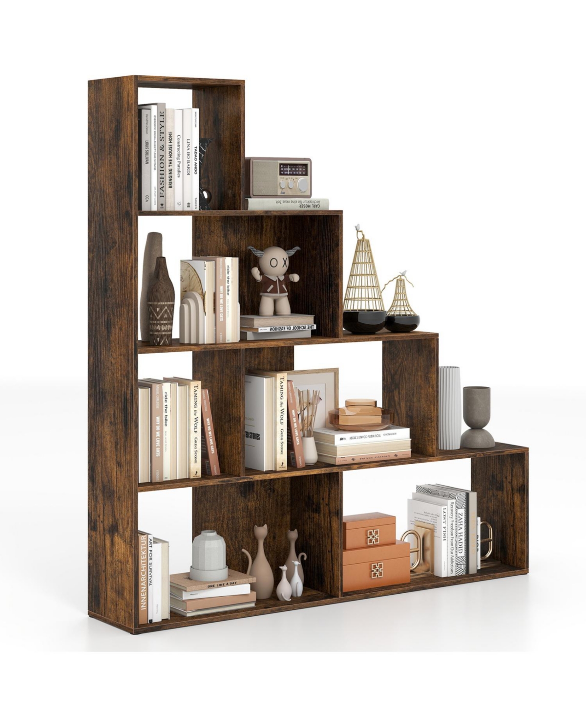 Slickblue Freestanding Ladder Bookcase with 6 Cubes and 4 Tiers