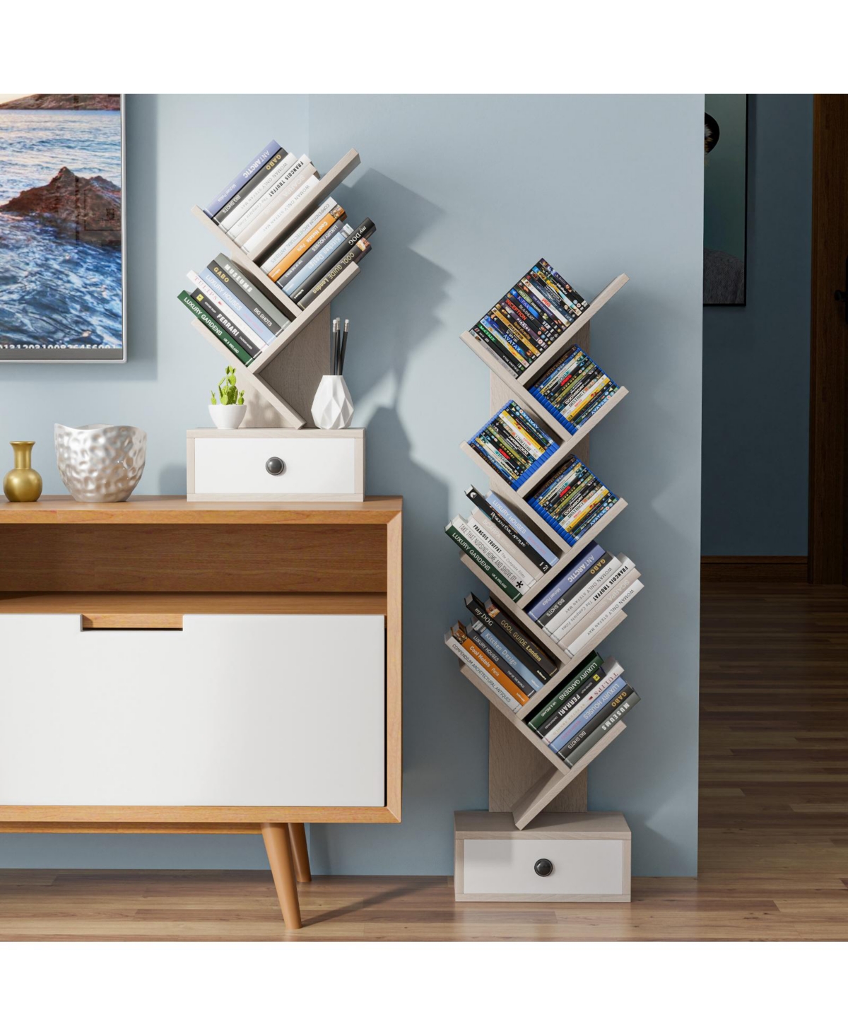 Gouun 5-Tier Tree-Shaped Bookcase with Bottom Drawer and Wide Stable Base