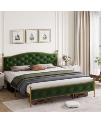 Velvet Upholstered Platform Bed Frame with Wooden Slats Support, Button Tufted Headboard, Mattress Foundation, No Box Spring Needed