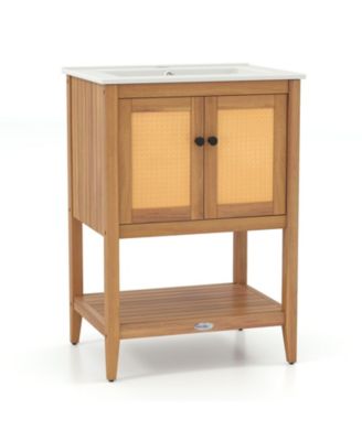 Bathroom Vanity with Ceramic Sink, Rattan Doors, and Slatted Shelf