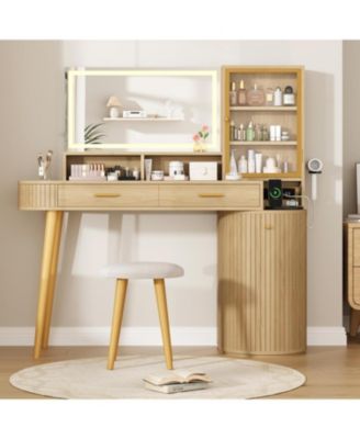 47.2" Vanity Desk with Lighted Mirror, Charging Station, Drawer, Cabinet and Stool, Makeup Table for Bedroom
