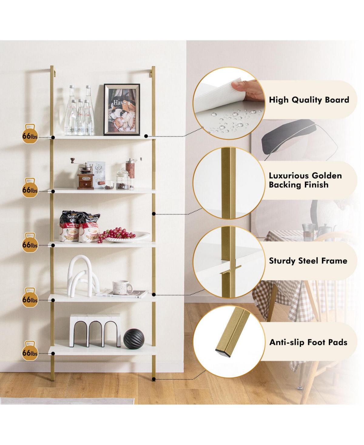 Gouun 5-Tier Wall-Mounted Ladder Bookcase with Sprayed Steel Frame