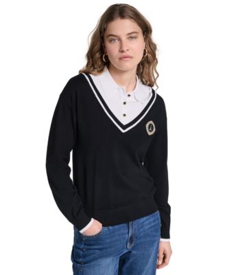 Petite Collared Button-Front Twofer Sweater