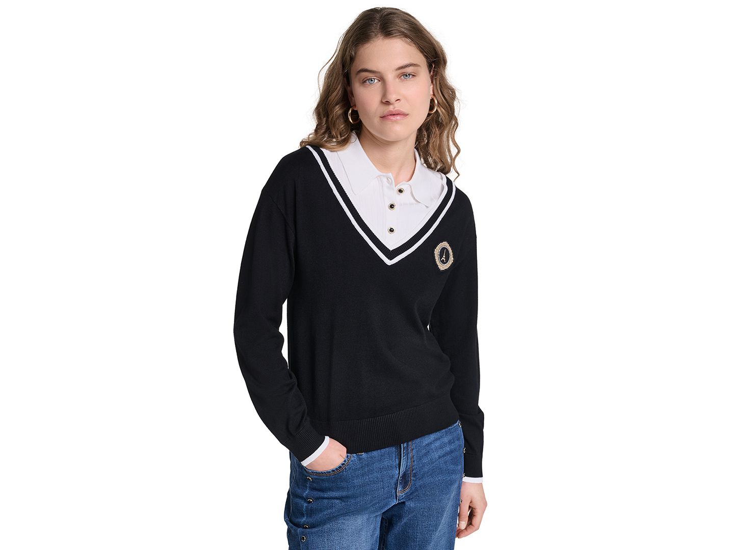 Женский свитер KARL LAGERFELD PARIS Petite Twofer Collared, цвет: Чёрный / Мягкий белый — фото 1