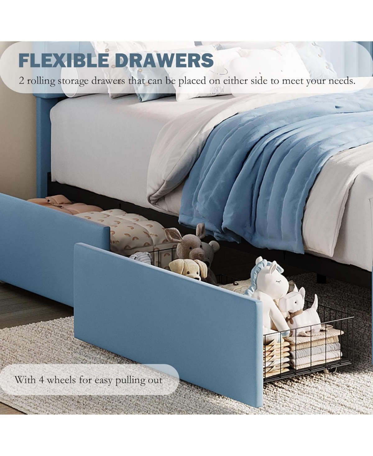 gaomon Bed Frame with 2 Flexible Drawers, Upholstered Platform Bookcase Headboard and Led Lights