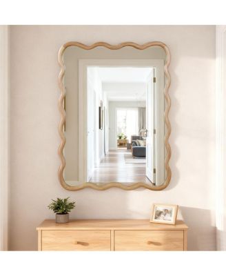 30" x 40" Wavy Wall Mirror, Solid Wood Bathroom Vanity Mirror for Bedroom, Entryway and Living Room