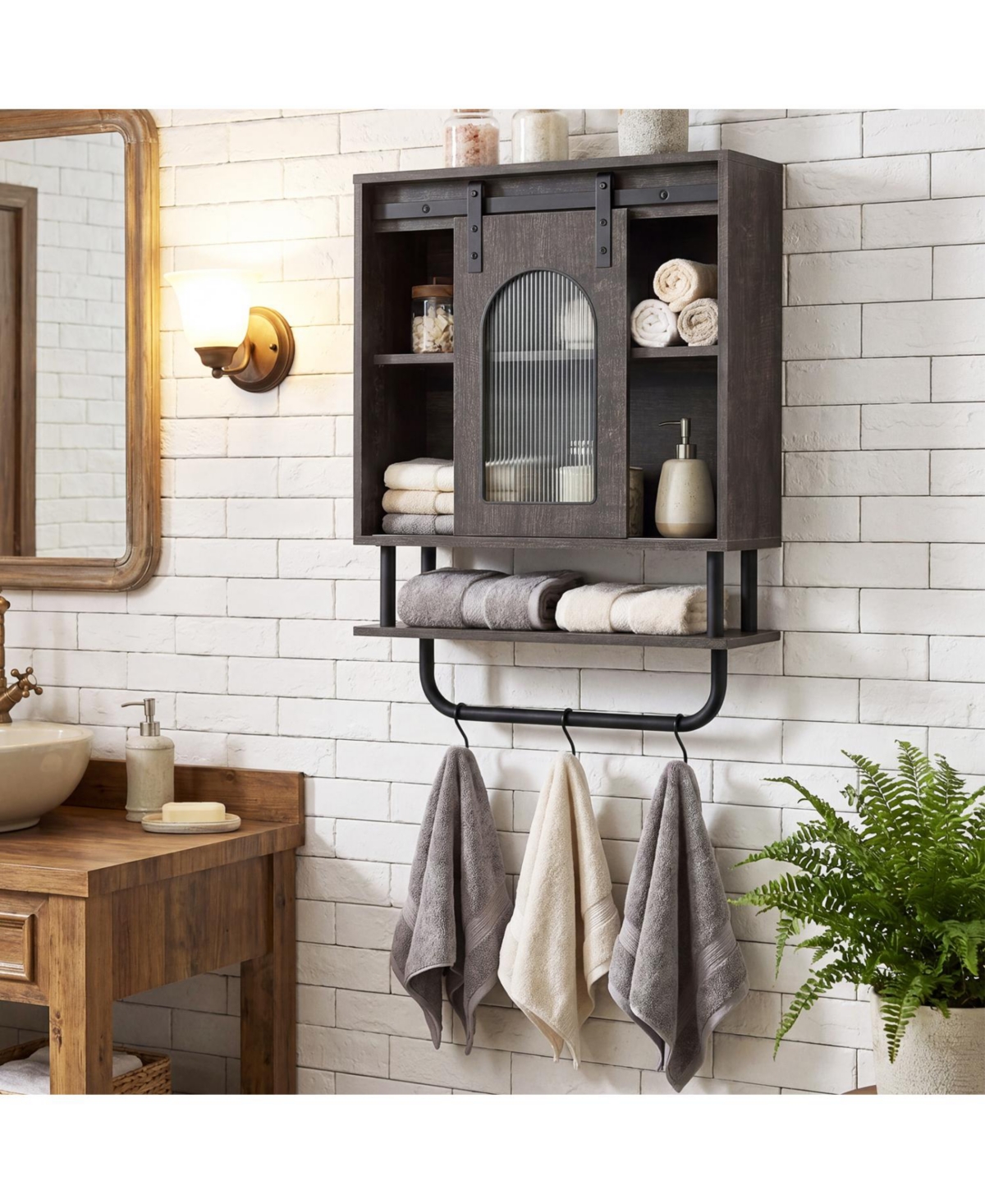 Volenca Bathroom Wall Cabinet with Sliding Barn Door and Metal Hanging Bar