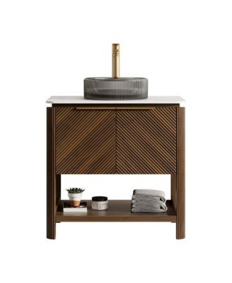 30 Inch INDIGO Bathroom Vanity with Sink Freestanding Dark Walnut Woodgrain Plywood Storage Cabinet with Open Shelf for Bathroom Decor