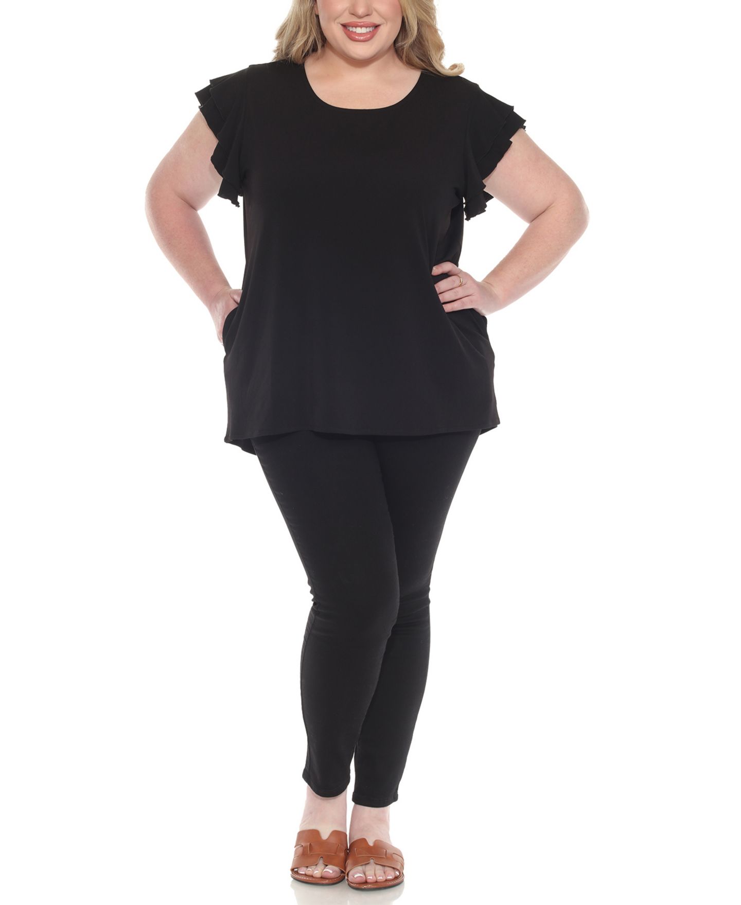 Женский комплект White Mark Plus Size Flutter-Sleeve Top and Scuba Pants Set, цвет: Чёрный — фото 2