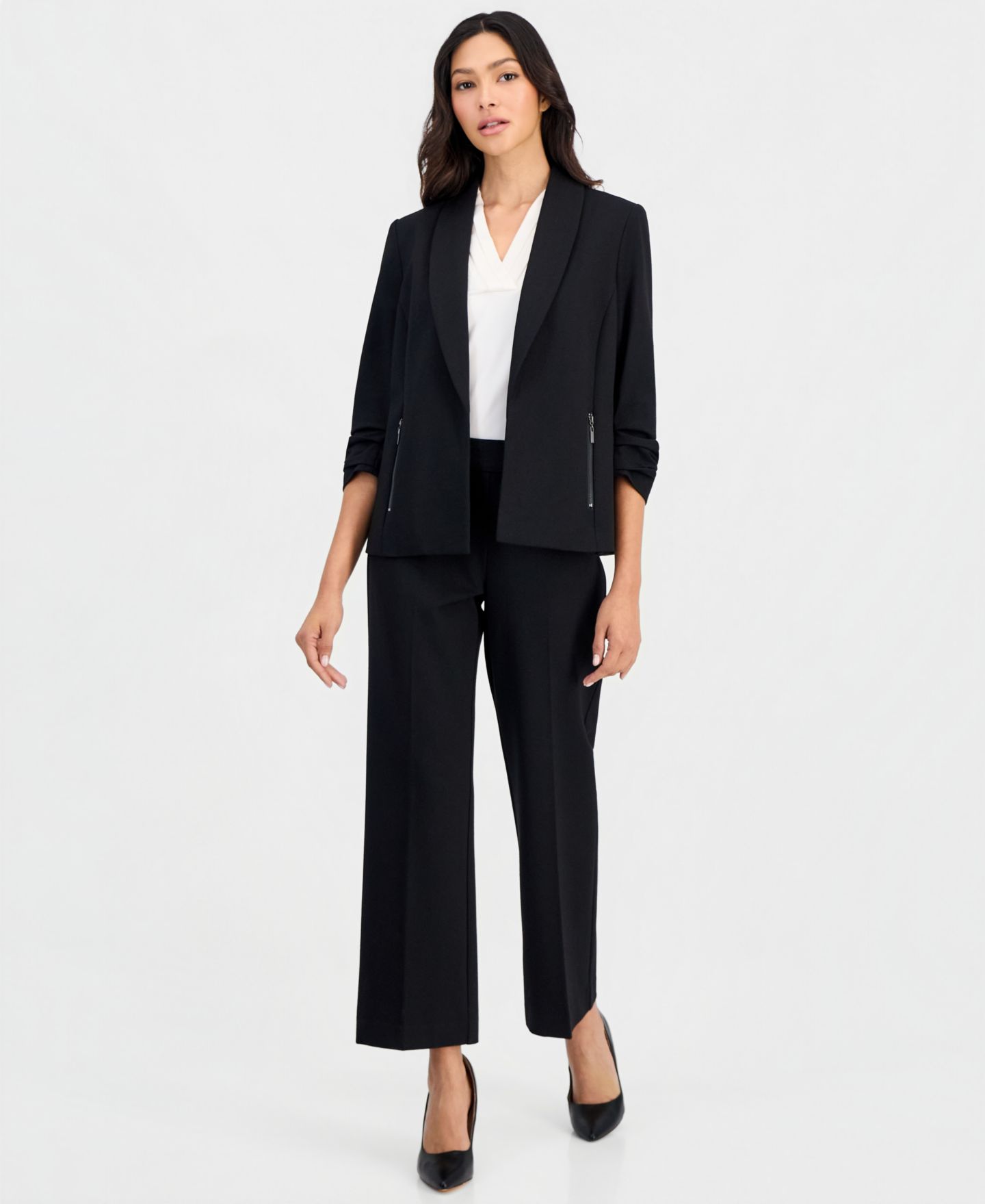 Женские комплекты Anne Klein Essentials Petite 3/4-Sleeve Open-Front Jacket & Pull-On Wide-Leg Pants, цвет: Чёрный — фото 1