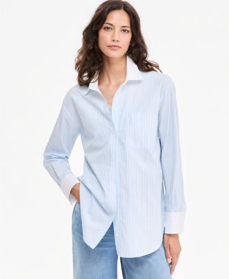 Women's Oversized Contrast-Collar Striped Poplin Shirt