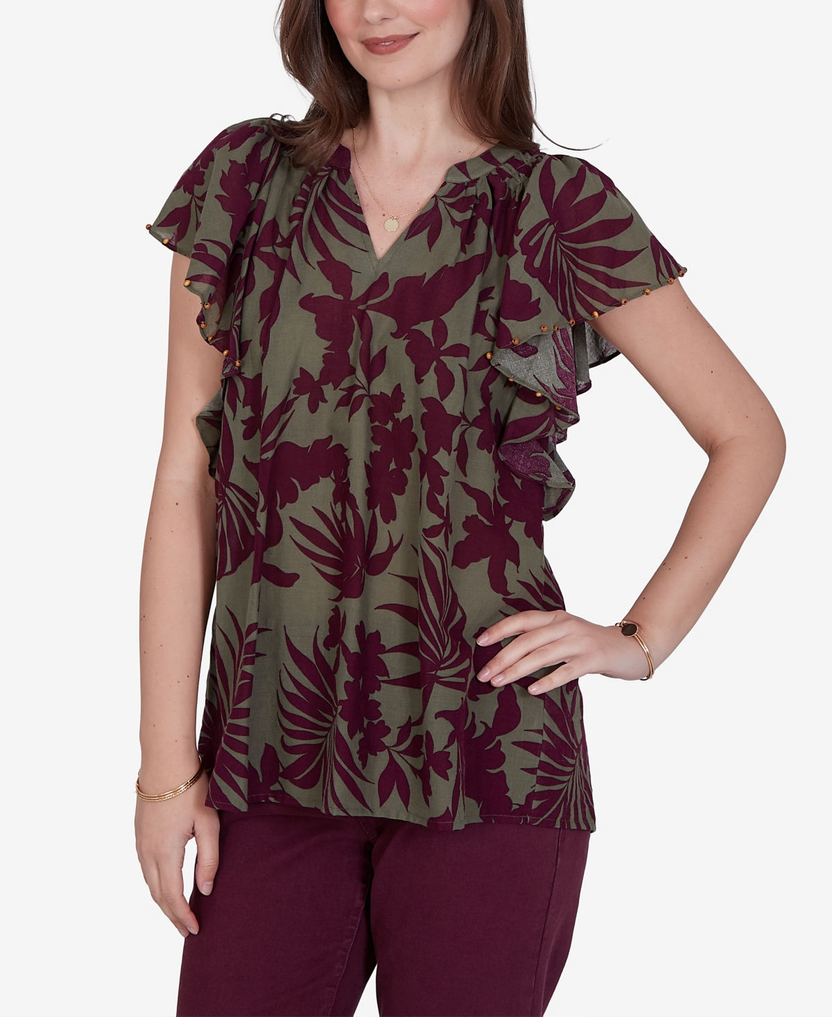 Ruby Rd. Petite Tropical Print Gauze Flutter-Sleeve Top