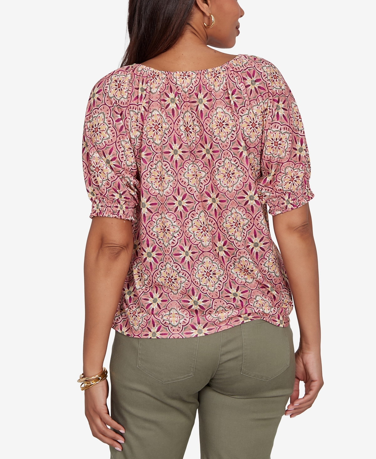 Ruby Rd. Petite Desert Geo Print Lace Trim Knit Top