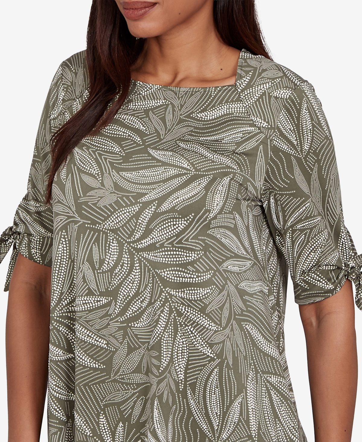 Ruby Rd. Petite Leaf Puff Print Knit Tie Sleeve Top