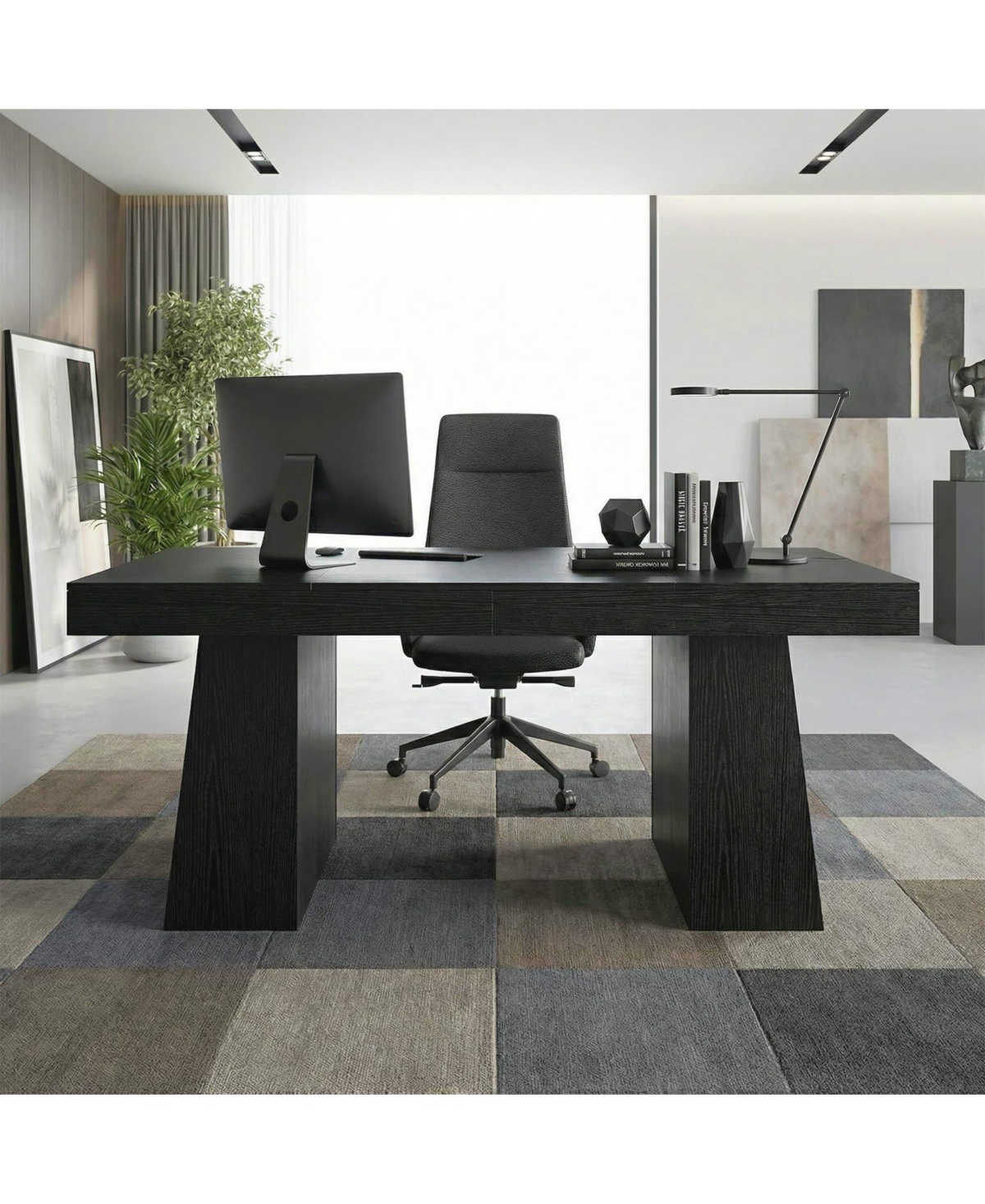 gaomon 55 Inch Black Wood Executive Desk Modern Home Office Computer Desk Workstation Writing Table Business Conference Room Furniture