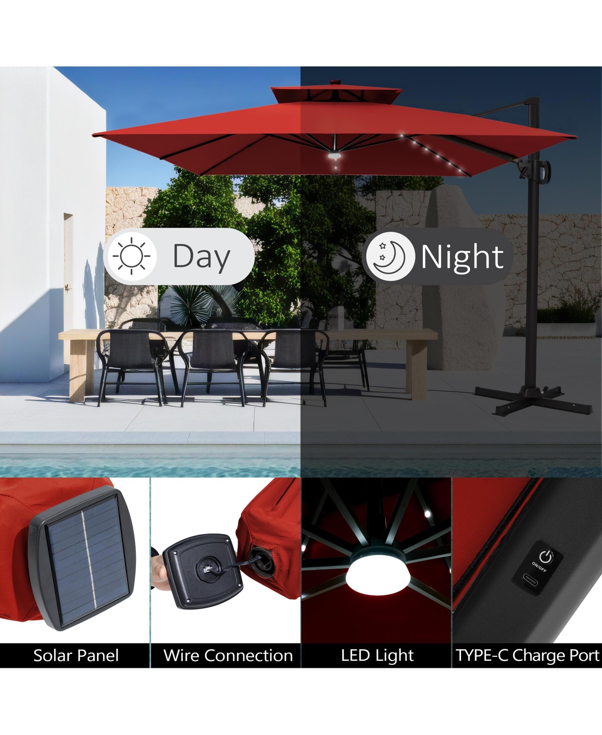 Pellebant Outdoor Patio 11x11Feet Aluminum Double Canopy Solar Lights Cantilever Umbrella with Rod Wheel Base