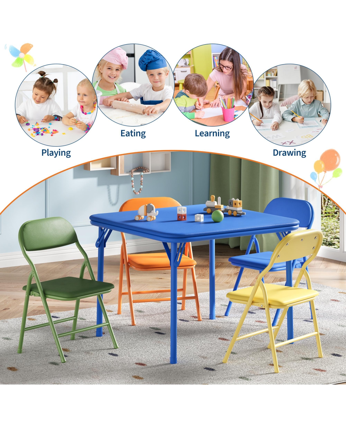 homfan 5-Piece Kids Folding Table and Chairs Set – Pu Cushioned Square Table, Durable Metal Frame, Portable, Space-Saving, Ideal for Dining, Crafts