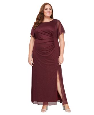 Women's Plus Size Flutter-Sleeve Side-Ruched Glitter Gown