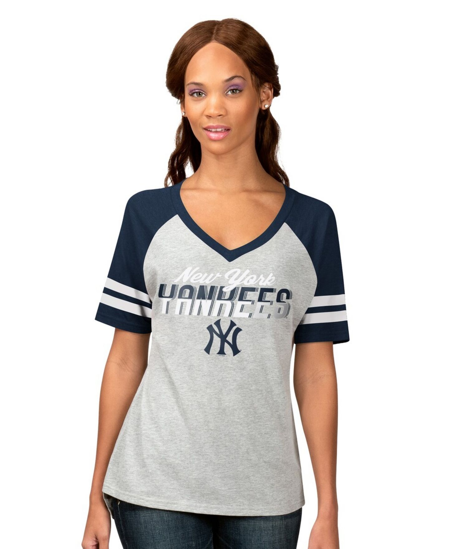 Женская футболка G-III 4Her by Carl Banks Heather Gray New York Yankees Goal Line Raglan V-Neck — фото 1