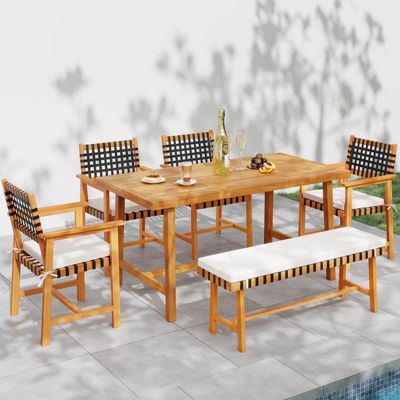 6piece Patio Dining Set, Acacia Wood Table and Bench and 4 Armchairs with Umbrella Hole