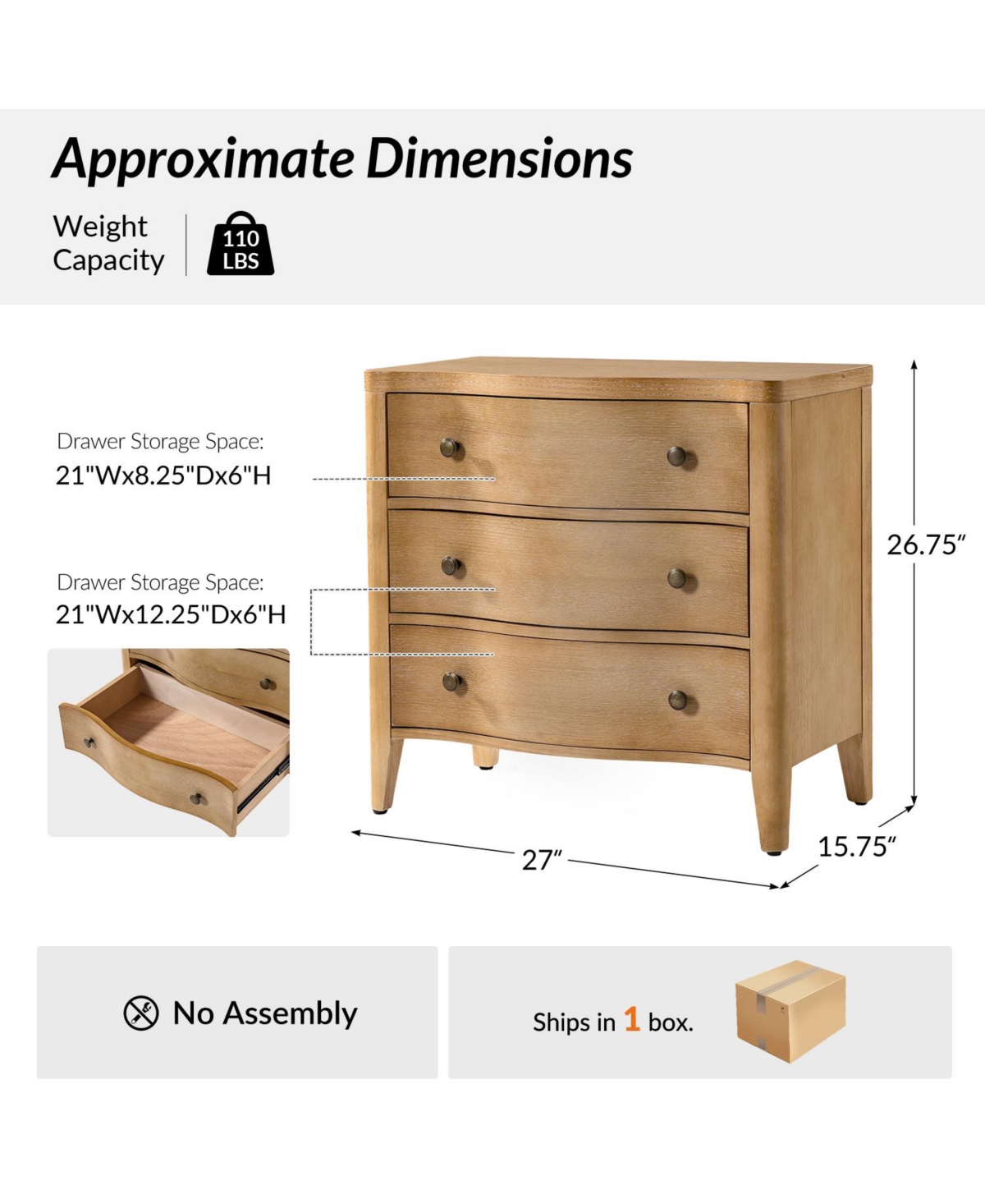 Hulala Home Horaz Modern 27''W 3-Drawers Curves End Table with Built-In Charging Station