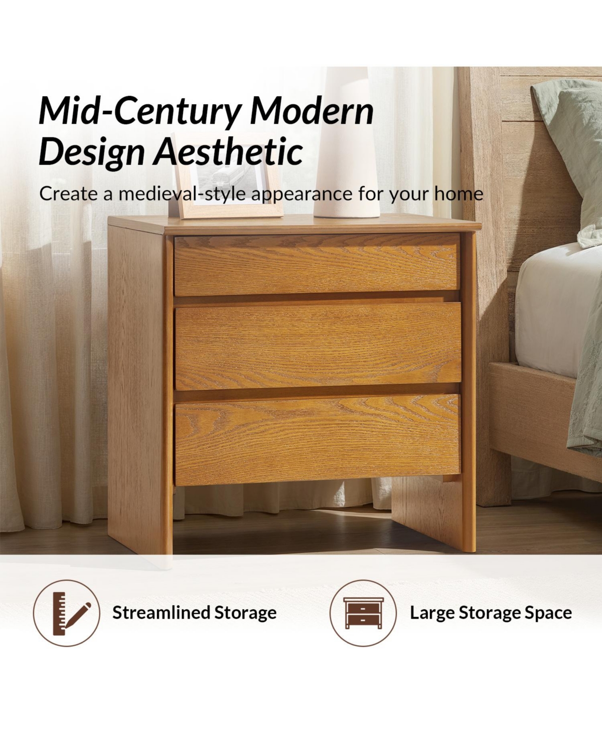 Hulala Home Robert 24.25''W Mid-century Modern 3 Soft-Close Drawers End Table with Built-In Outlets