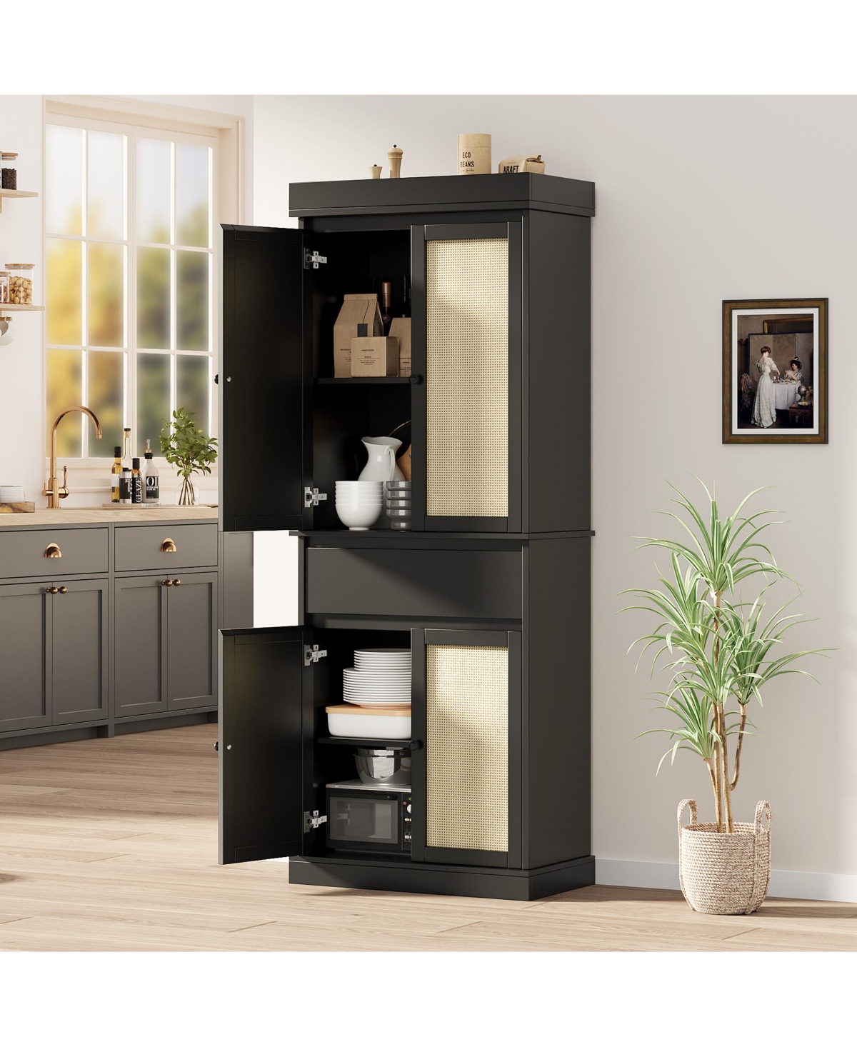 homfan Modern Rattan Pantry Cabinet with Adjustable Shelves and Drawer, Soft-Close Doors, Smooth Slides, Anti-Tip Safety, Freestanding Storage Unit