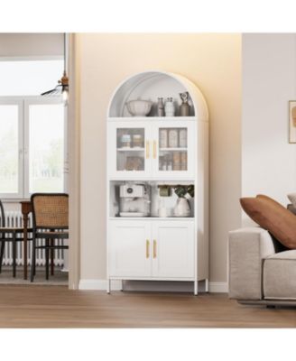 Farmhouse Arched Coffee Bar Cabinet, Metal Pantry Hutch with Glass Doors and Adjustable Shelves