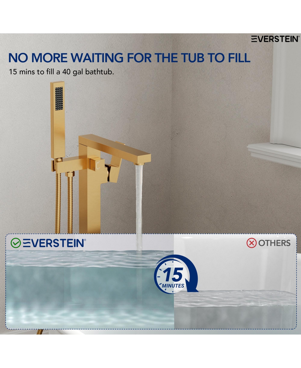Everstein Single Handle Floor Tub Spout Bathroom Faucet with Diverter