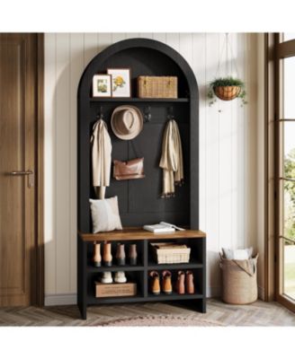 70.87 Inch Hall Tree with Bench and Shoe Storage, Arched Coat Rack with 4 Hooks and 4 Cubbies, Entryway Bench