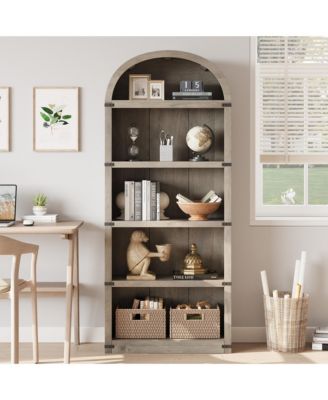 Arched 5-Shelf Wooden Bookcase Cabinet with Doors - 71.65 Inch Tall Farmhouse Display Storage Rack - Bookshelf for Home Office, Living Room