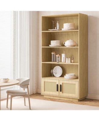 Boho Style 5-Tier Wooden Shelving Unit with Rattan Doors - Tall Display and Storage Bookcase for Indoor Living and Working Spaces