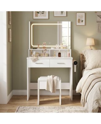 Vanity Set with 3-Color Adjustable LED Mirror, Small Makeup Desk with Power Outlet, 2 Drawers, Modern Dressing Table, Cushion Stool Bedroom